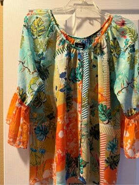 Shana Floral Patchwork Peasant Blouse in Aqua & Orange